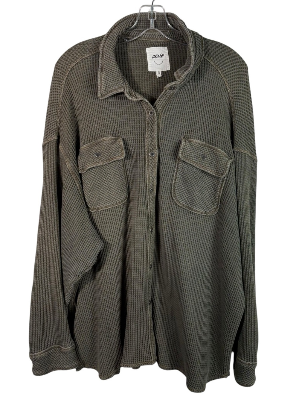 Aerie Green Waffle Thermal Knit Button Down Oversized Shirt XL Lounge XL Minimal